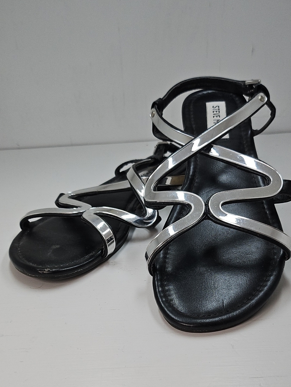 Steve Madden Black Sandals with Silver Metallic Straps